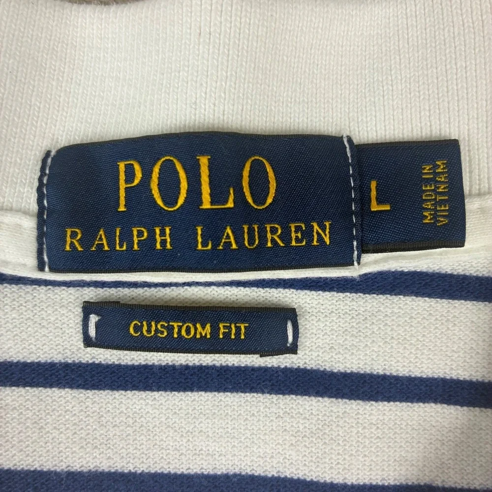Polo Ralph Lauren Polo Shirt Mens L White Navy Blue‎ Striped Custom Fit Preppy